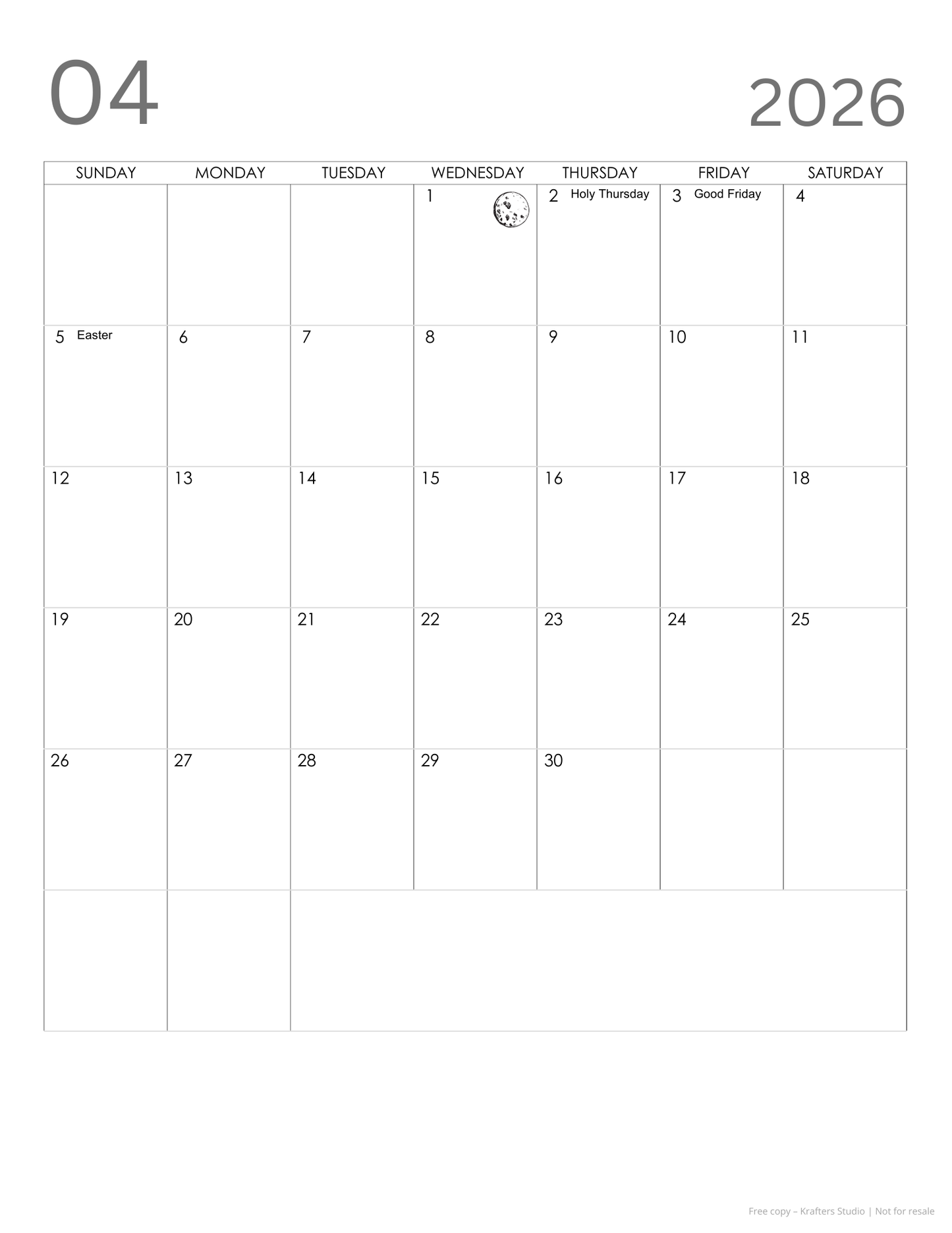 Free 2026 Plain PDF Printable Calendar with Full Moon & Holidays